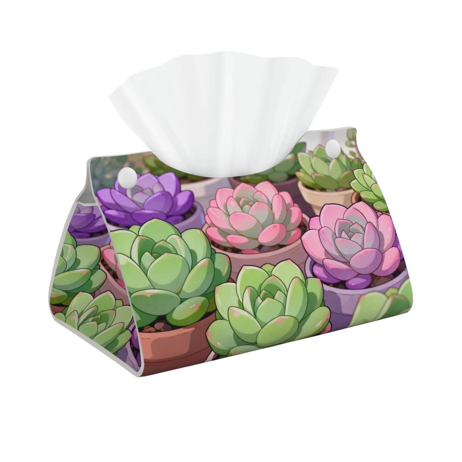 Succulent Plant Set Long Leather Tissue Box Cover-Waterproof PU Leather Tissue Holder for Bathroom, Decorative Rectangular Tissue Case