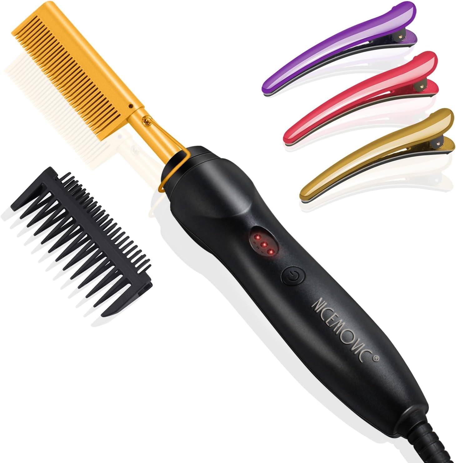 NICEMOVIC Ceramic Heating Hair Straightener Comb – Hot Pressing Brush for Natural Black Hair, Beard Wigs, and Curling (Gold)