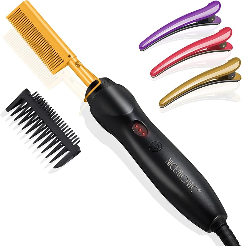 Peine alisador de pelo con calefacción de cerámica, cepillo de prensado en caliente para cabello negro natural, pelucas de barba y rizado (dorado)