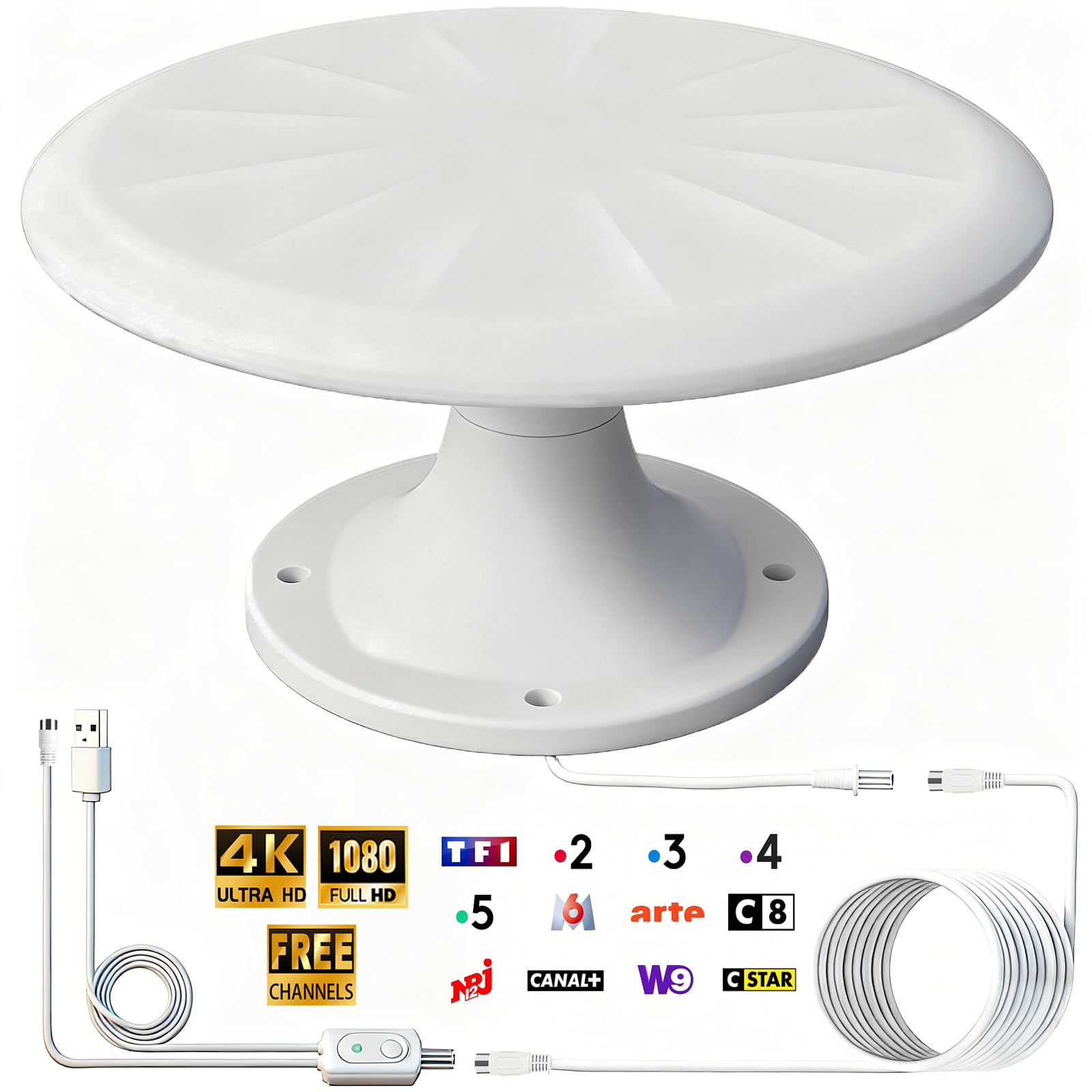 Antenne TV Exterieure Puissante, Antennes TNT Exterieur Puissante | Réception Omnidirectionnelle 720° Antenne TV Exterieur, pour Camping Car, Caravane, Fourgon, Van, Camion, Bateau, 35FT Câble