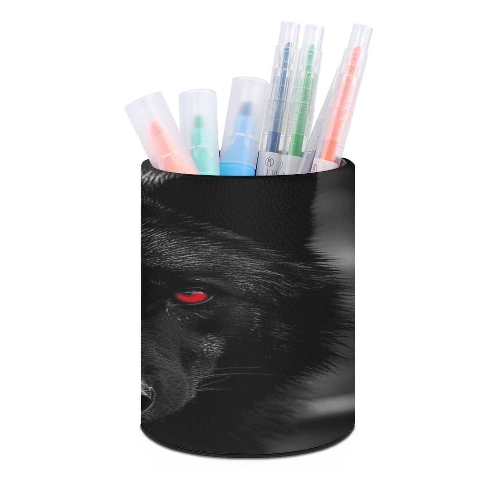 VstaDank Black Red Eyed Wolf Pen Holder PU Leather Pencil Cup Minimalist Desk Pencil Holder Round Make Up Brush Organizers For Office Dorm Room&Vanity Desk Accessories