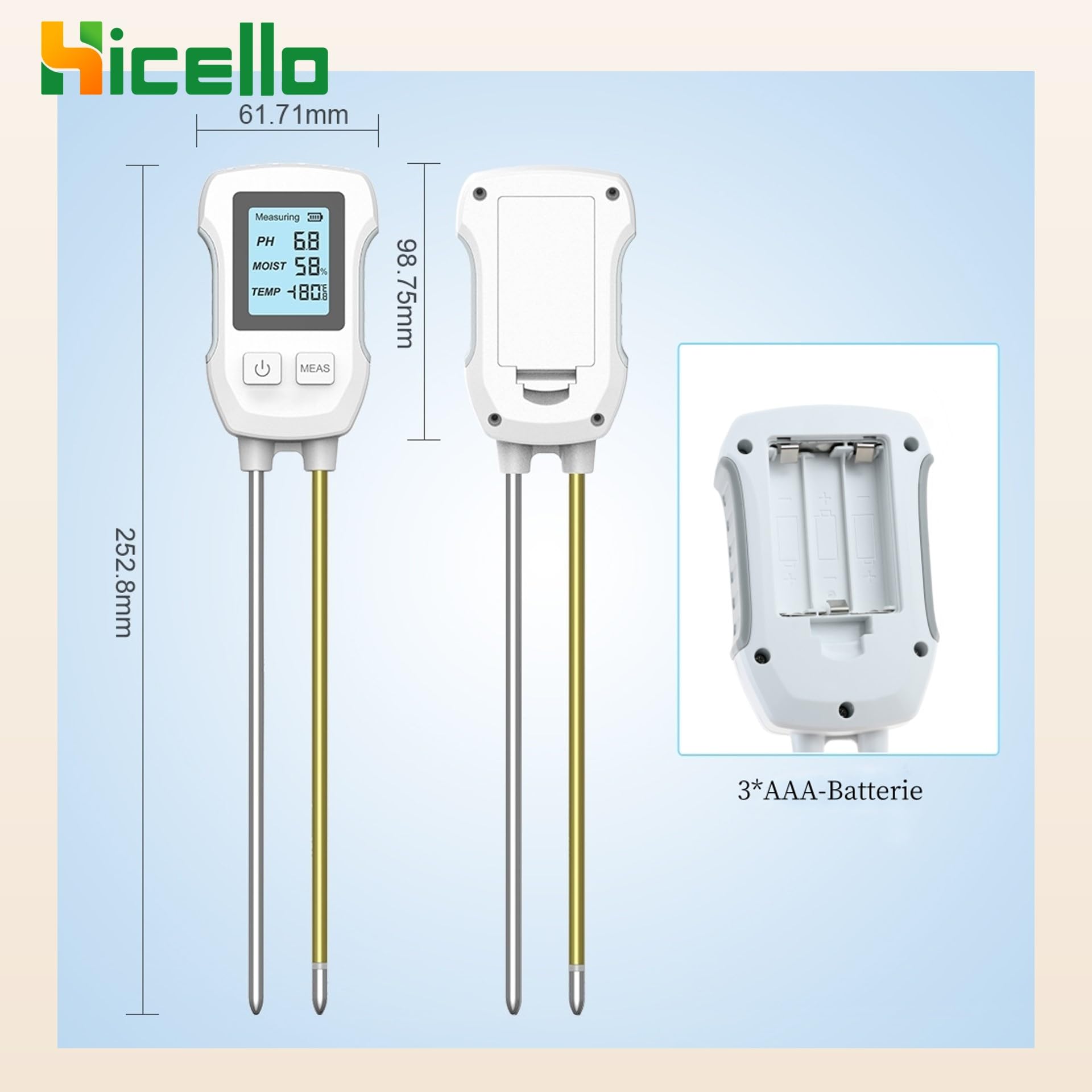 3-in-1 pH-Bodentestgerät, Säure-Basen-Bodentest für Pflanzen, Garten und Rasen