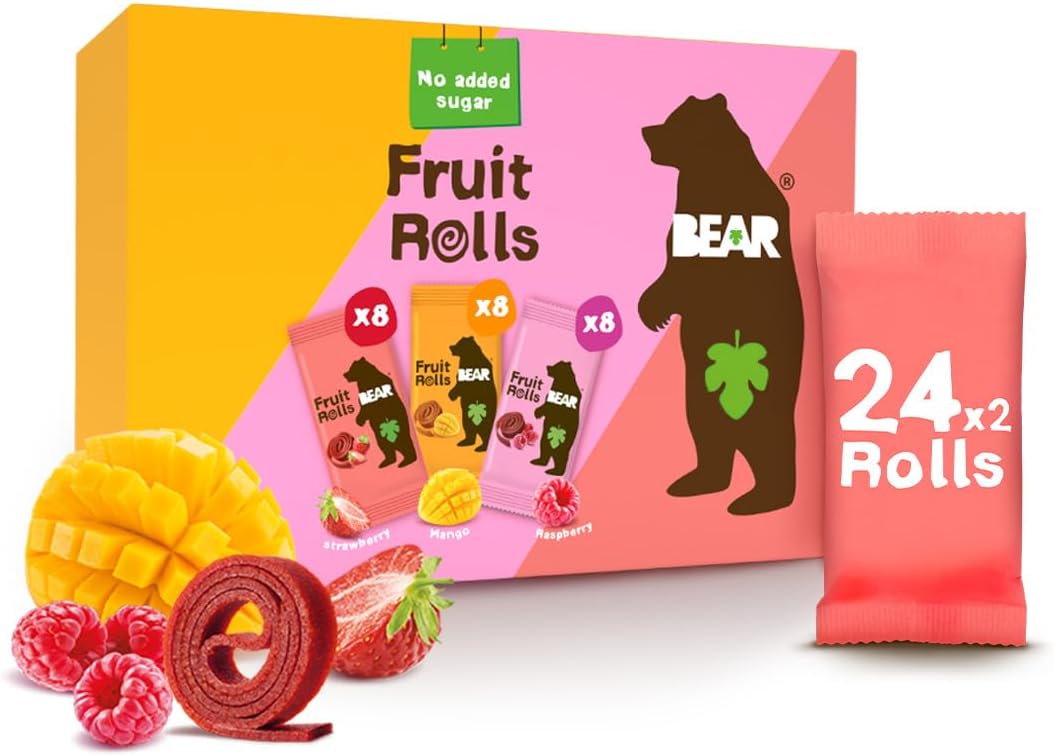 BEAR Fruit Rolls Strawberry & Raspberry & Mango Variety| 100% Natural Ingredients | No added sugar | Healthy School And Lunch Snacks For Kids And Adults | 24 x 20g