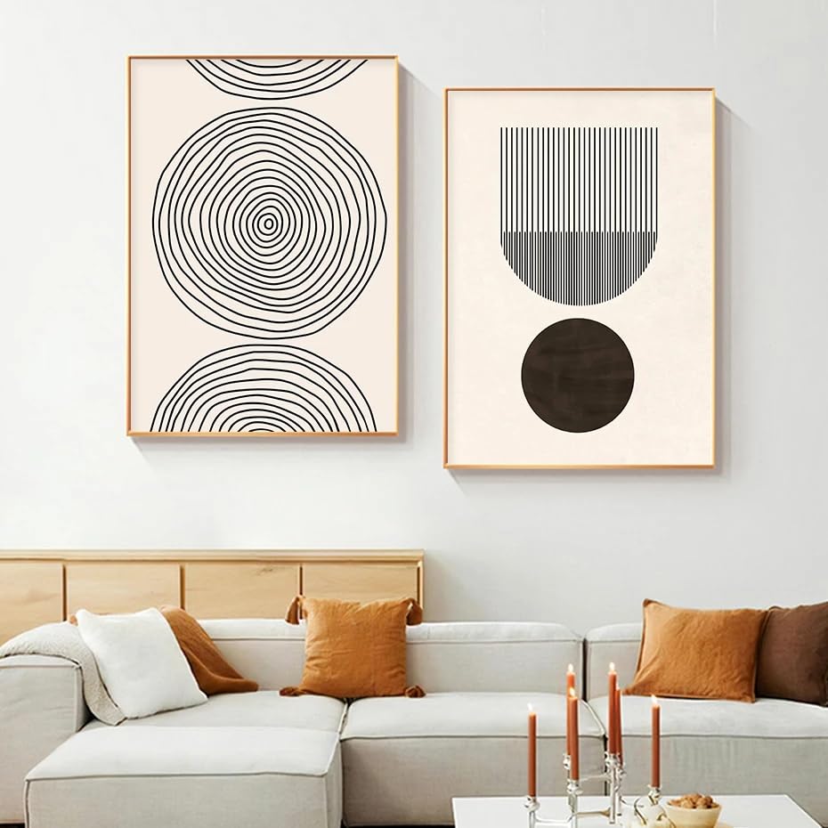 Triptyque affiche minimaliste beige et géométrie abstraite pour salon
