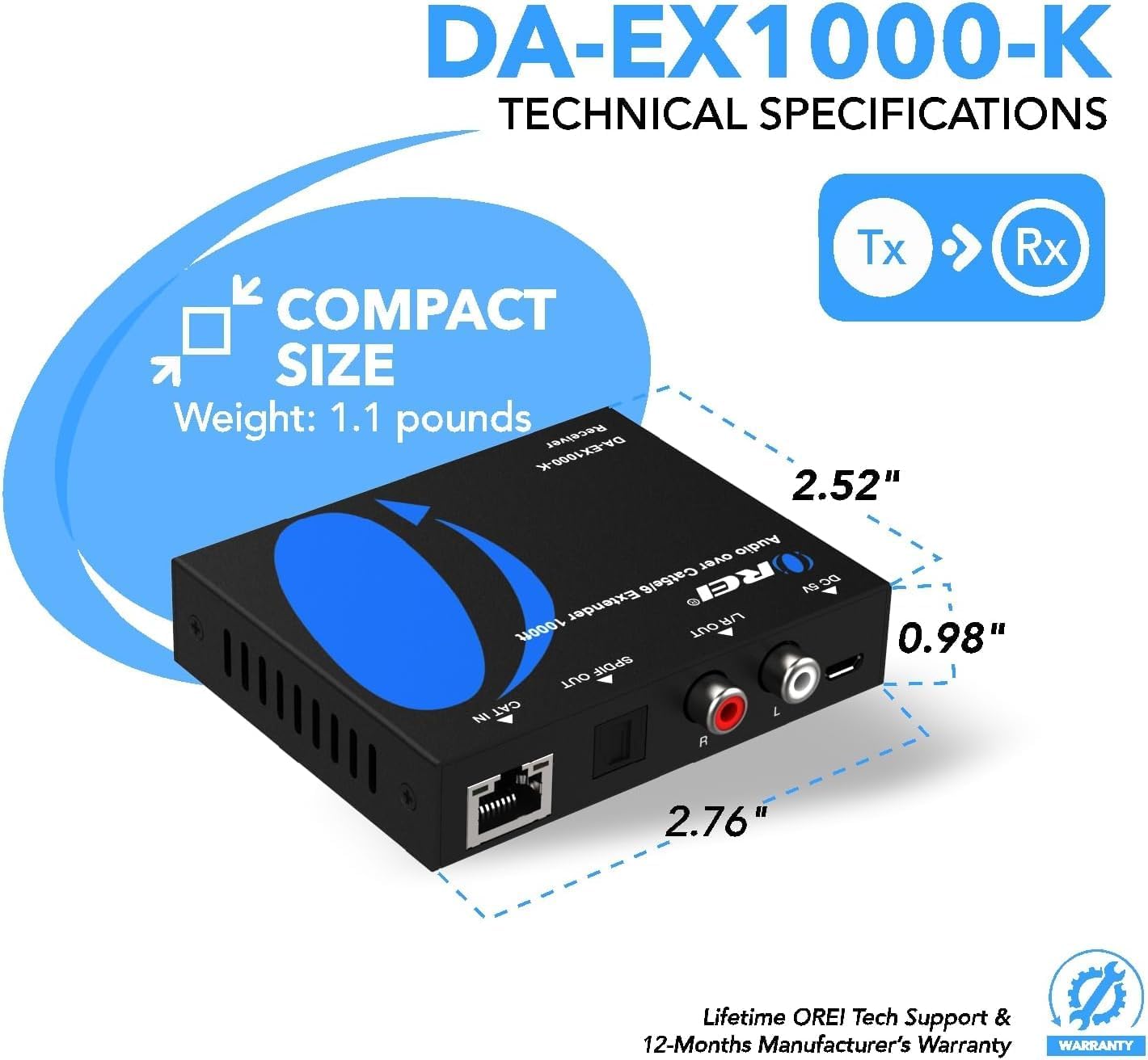 OREI Audio Over Cat5e/6 Extender Upto 900 Feet - Extend Digital Optical Coxial Toslink Signal Over LAN Ethernet Power Over Cable for Long Distance Extension Dolby Digital, DTS 4.1, DTS-HD, PCM