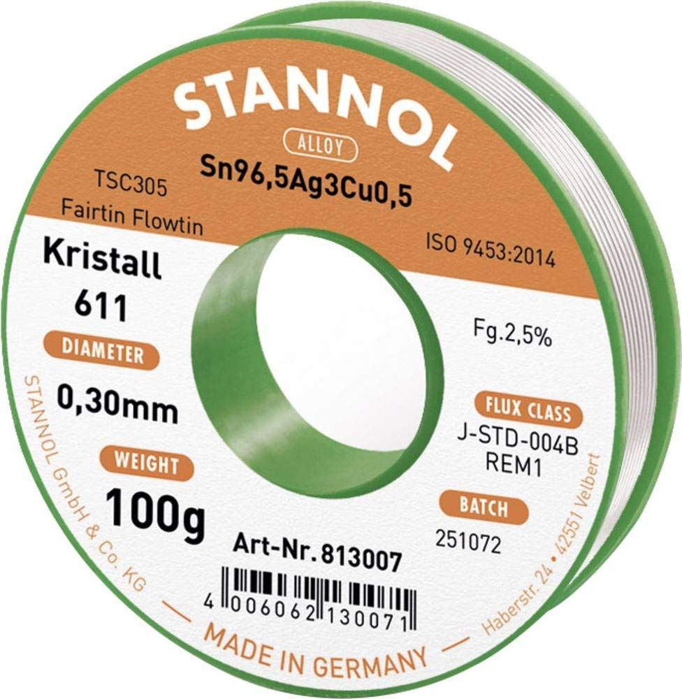 Stannol Kristall 611 Fairtin 813007 Sn3.0Ag0.5Cu bezołowiowa cyna lutownicza 100 g 0,3 mm 1 szt.)