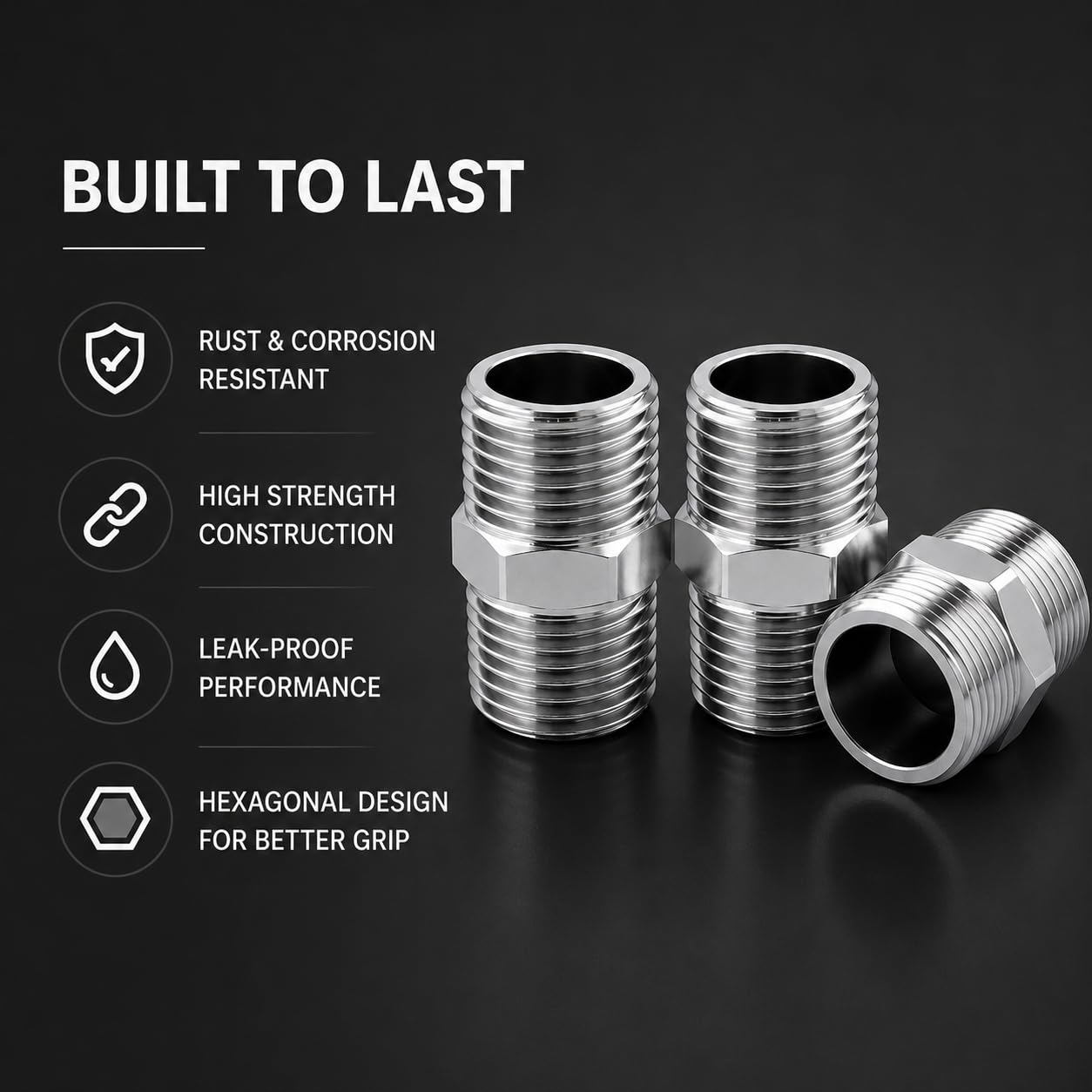 NEW WARE® CP Hex Nipple 1/2 Inch x 1/2 Inch | Stainless Steel Male Thread Pipe Connector Fitting | Hexagonal Plumbing Nipple for Water Pipe, Faucet & Fitting Connection | Pack of 3 | Rust Resistant 3