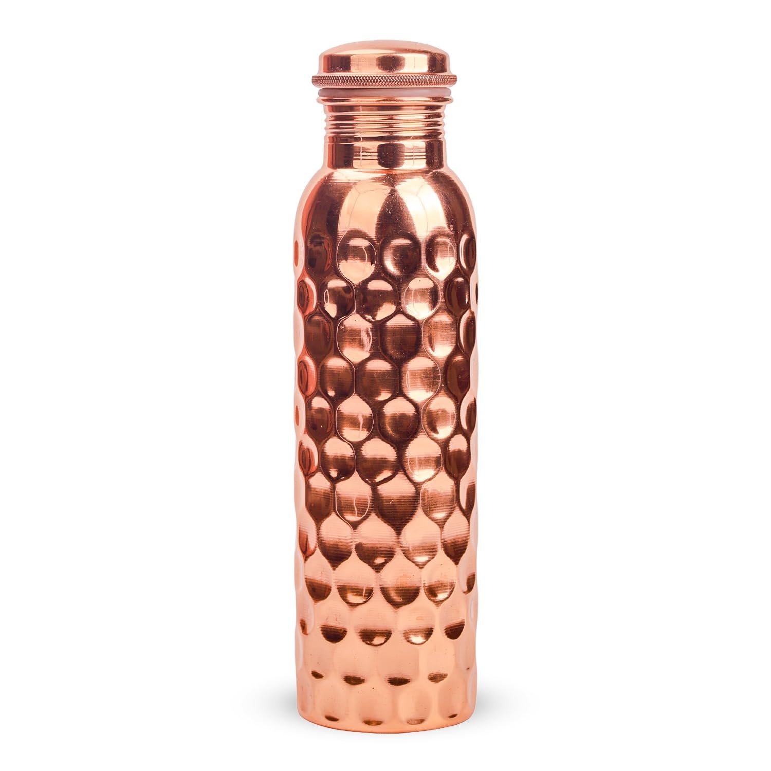 Bottiglia d'acqua in rame diamantato, 900 ml, in puro rame, a prova di perdite, corpo senza cuciture, chiusura in silicone, fatta a mano, ayurvedica, nessun rivestimento interno, ecologico e