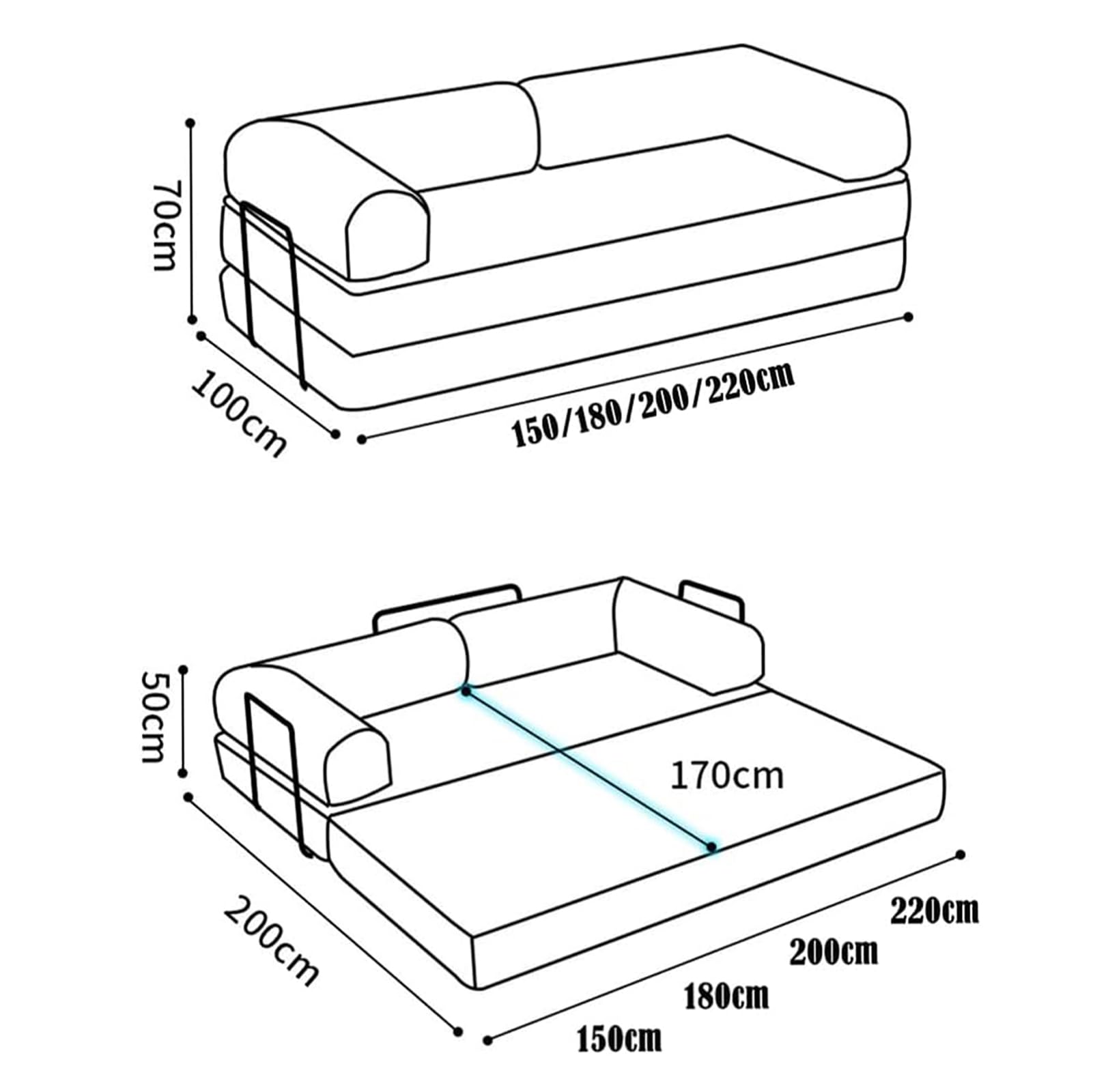 Sofá cama plegable convertible en sillón cama con almohada, Out Comfy Lounge multifuncional de espuma viscoelástica con reposabrazos, para el hogar, dormitorio, oficina, sofás cama largos, 004, W