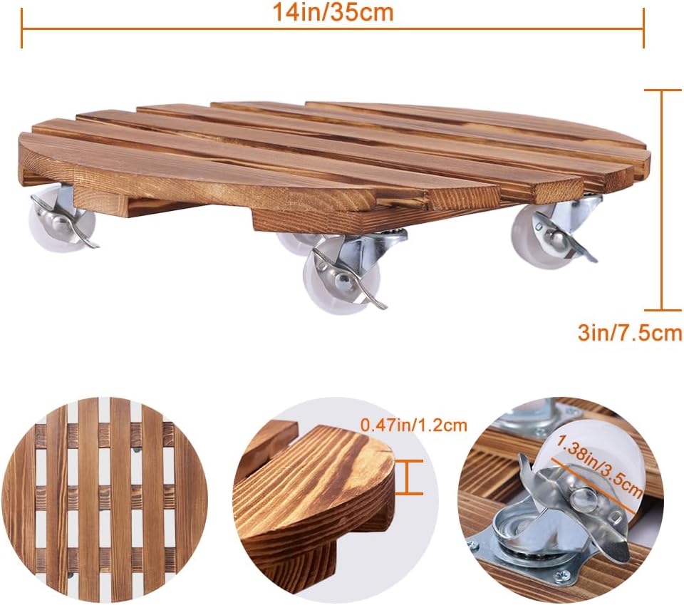 2 Pack Plant Caddy with Wheels Heavy Duty, 14 Inch Rolling Plant Stand with 5 Wheels, Thicken Wood Plant Dolly for Indoor Outdoor Use,Round Plant Rollers Tray for Large Plants & Pots