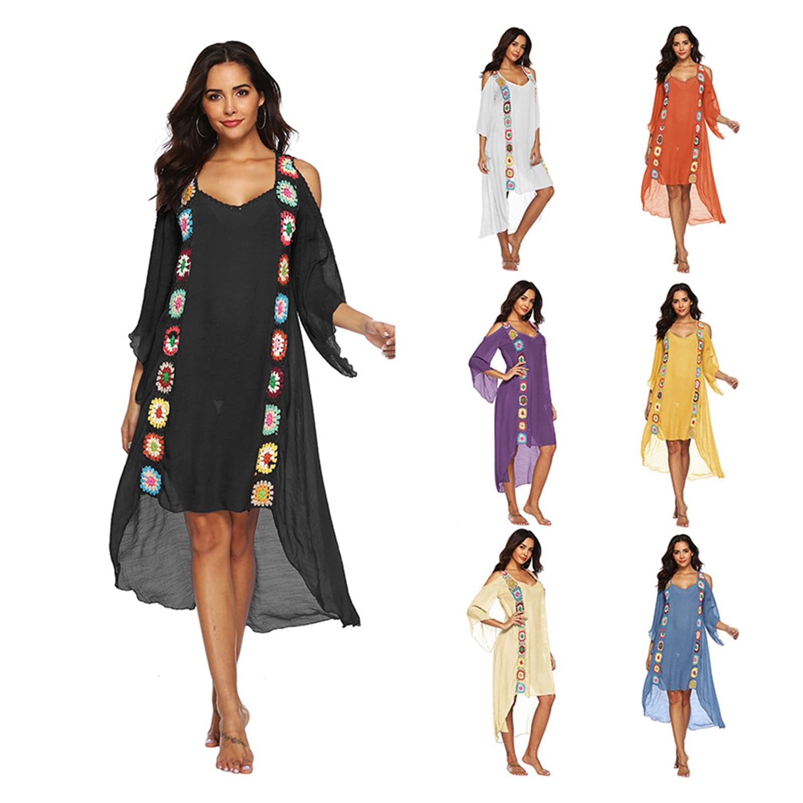 ZZSRJ Vestido de Playa de Damas Encubrimiento de Crochet Traje de baño Cubierta de túnica natada de natación Ropa de natación fit Damas túnica (Color : Yellow Cover up, tamaño : One Size)