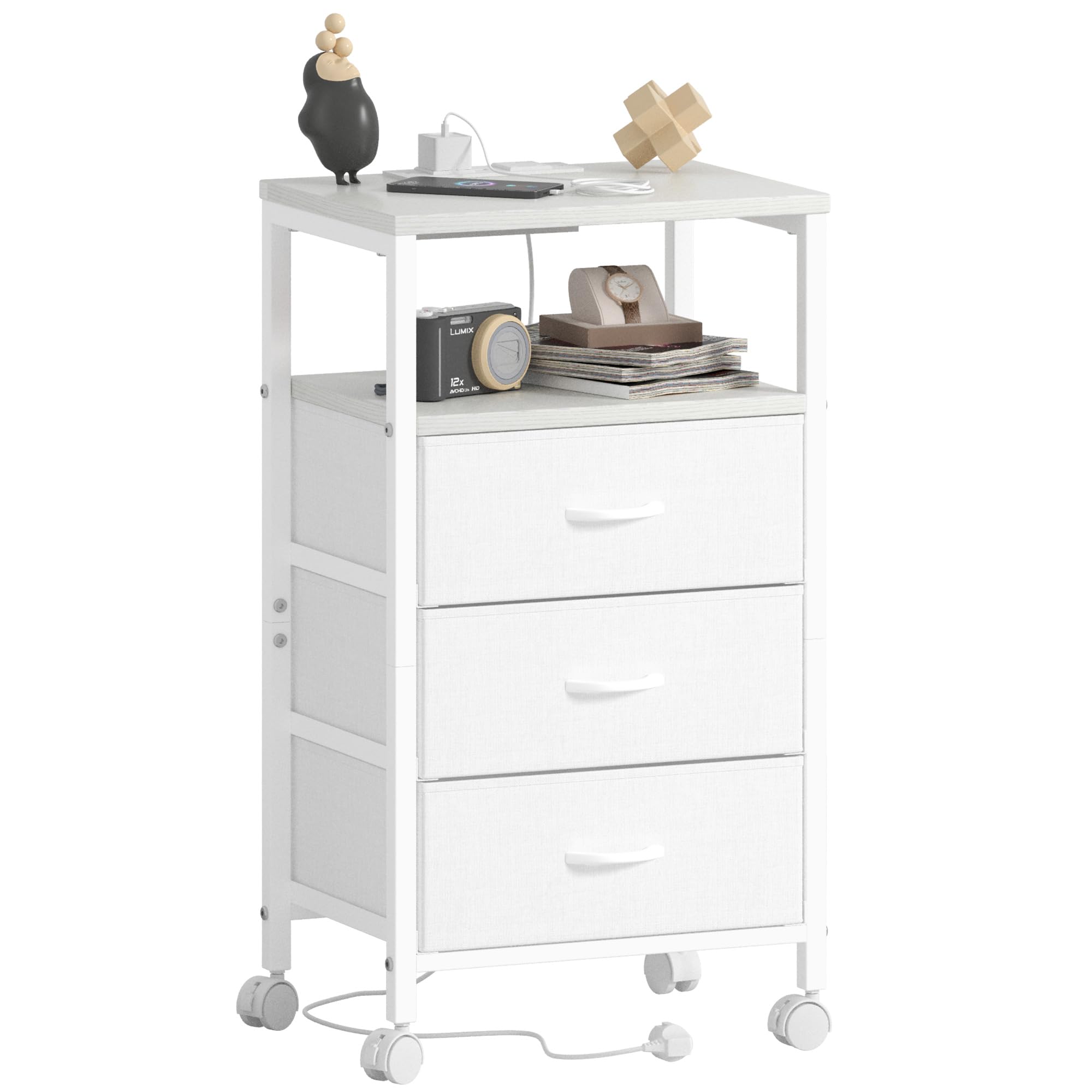 Lutown-Teen Mesita de Noche Blanca Alta de 73 cm, Mesa Auxiliar con Enchufes, Estructura de Metal y 3 Cajones de Tela, Mesillas de Noche con Ruedas, para Dormitorio, Salón, Blanco