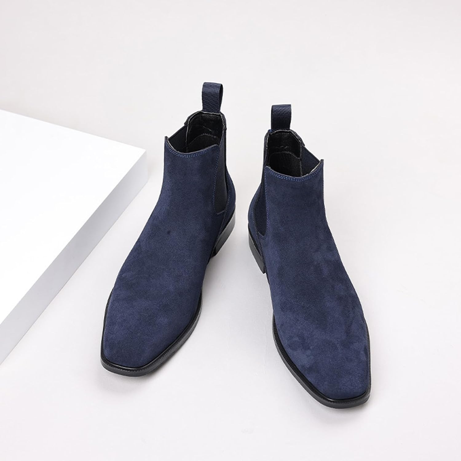 Men's Suede Chelsea Boots Cap Round Toe Low Heel Classic Side Elastic Band Slip On Comfortable Fashion Dress Ankle Boots for Work Business Daily Wear - Image 4