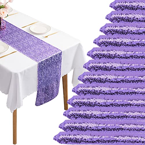 12 Packs Sequin Table Runner Glitter Dining Table Runner for Birthday Wedding Engagement Bridal Baby Shower Bachelorette Holiday Celebration Party Supplies Decorations (12" x 72", Lavender)