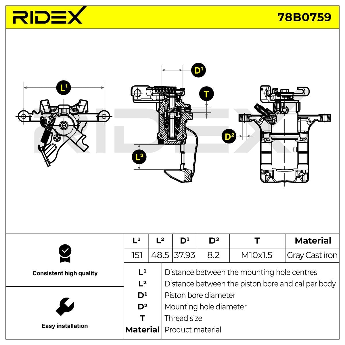 RIDEX 78B0759 Pinza de freno Trasero Derecha Trasero sin soporte Compatible con OPEL Astra J Sports Tourer P10