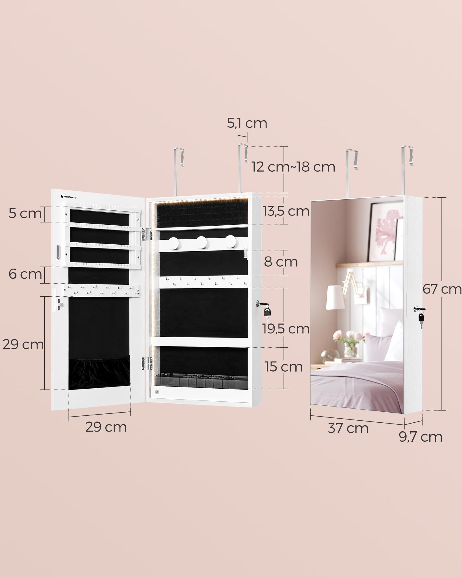 SONGMICS Armoire à Bijoux Miroir avec Éclairage LED Intégré, Rangement pour Bijoux Mural ou à Suspendre sur Une Porte, Armoire Miroir Suspendue 9,7 x 37 x 67 cm, Blanc JJC050W01