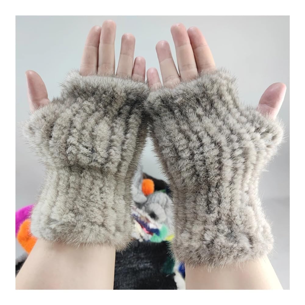 Guanti invernali in pelliccia da donna, guanti senza dita in calda naturale, in lavorata a maglia bambina(Grey 1)