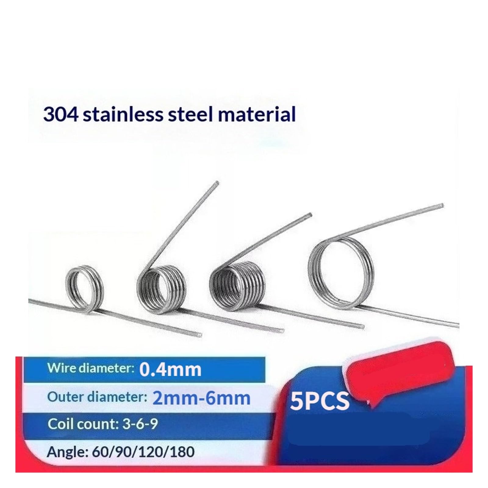 Sprężyna skrętna ze stali nierdzewnej, sprężyna skrętna w kształcie litery V, 0,4 mm, stal nierdzewna, 304, 2-6 mm, 60-180°, 5 szt., 9 (90 stopni), 2,5 mm