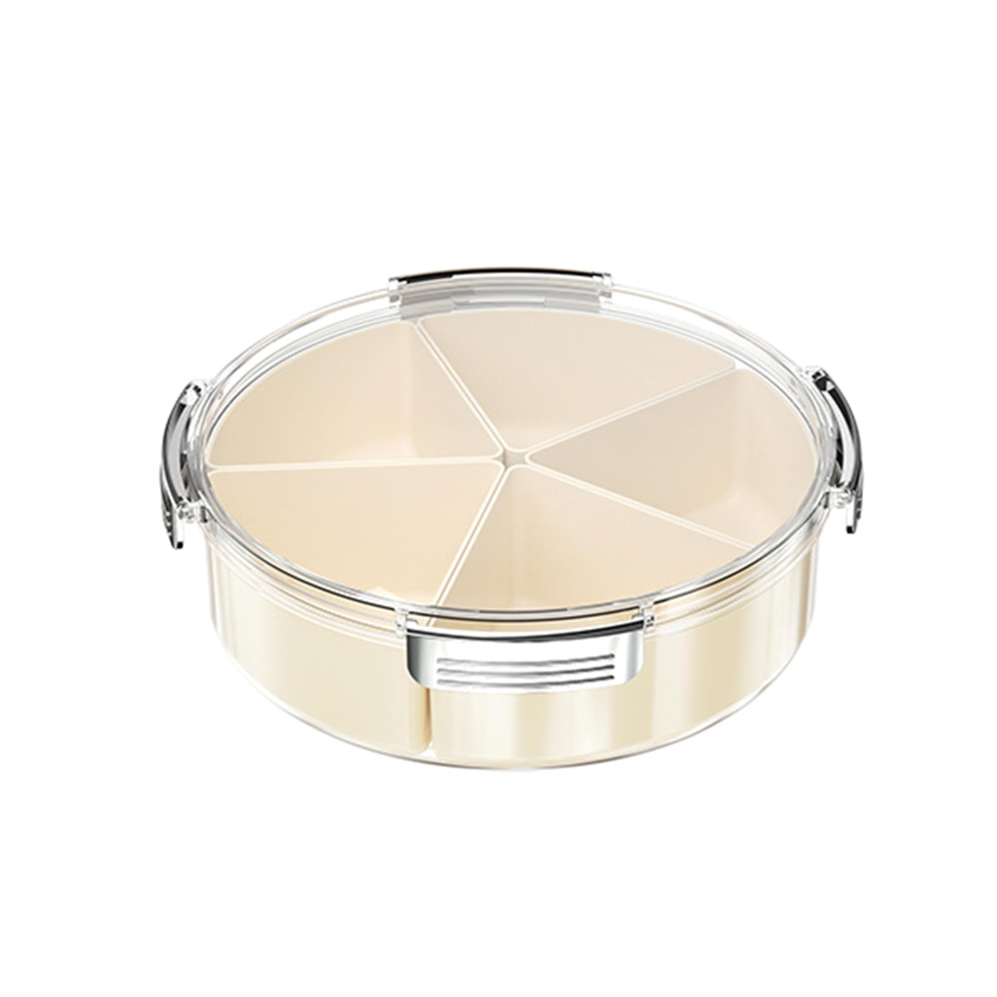 Pulreiush Beige Silber Rund Kunststoff Geteiltes Serviertablett mit Deckel, 5 Fächer Snacktablett Servierplatte für Kekse, Obst, Gemüse, Süßigkeiten und Hot Pot