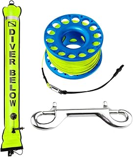 Seafard 5ft Yellow Scuba Diving Open Bottom Surface Marker Buoy (SMB) with 98ft Finger Spool Alloy Dive Reel and Double Ended Bolt Clip Blue