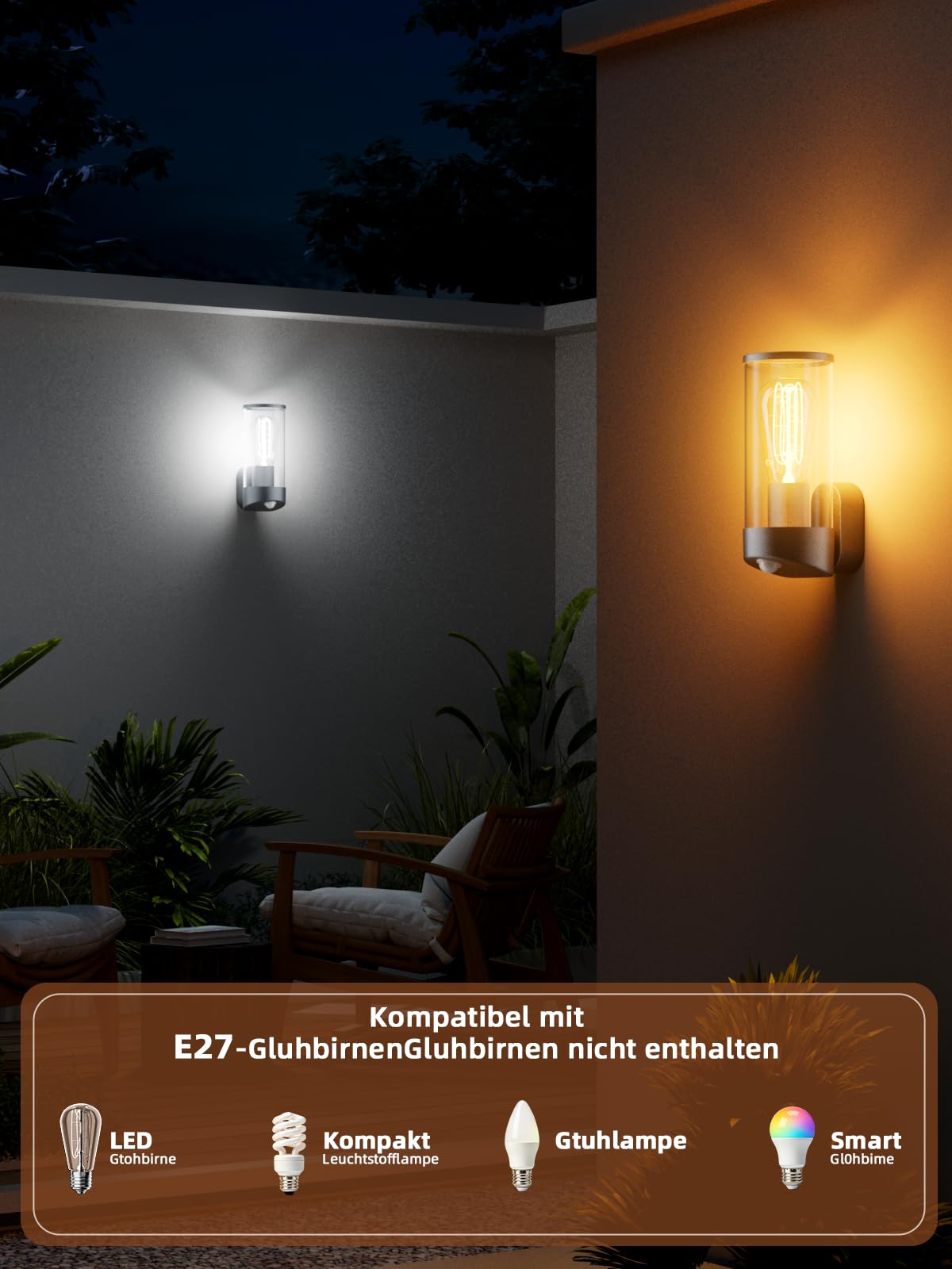 Brightower Lampa ścienna zewnętrzna z czujnikiem ruchu, aluminiowa lampa ścienna z przezroczystym akrylem, lampa zewnętrzna do ogrodu, na taras, werandę i do garażu, ekskluzywna 1x E27,Ciemnoszary