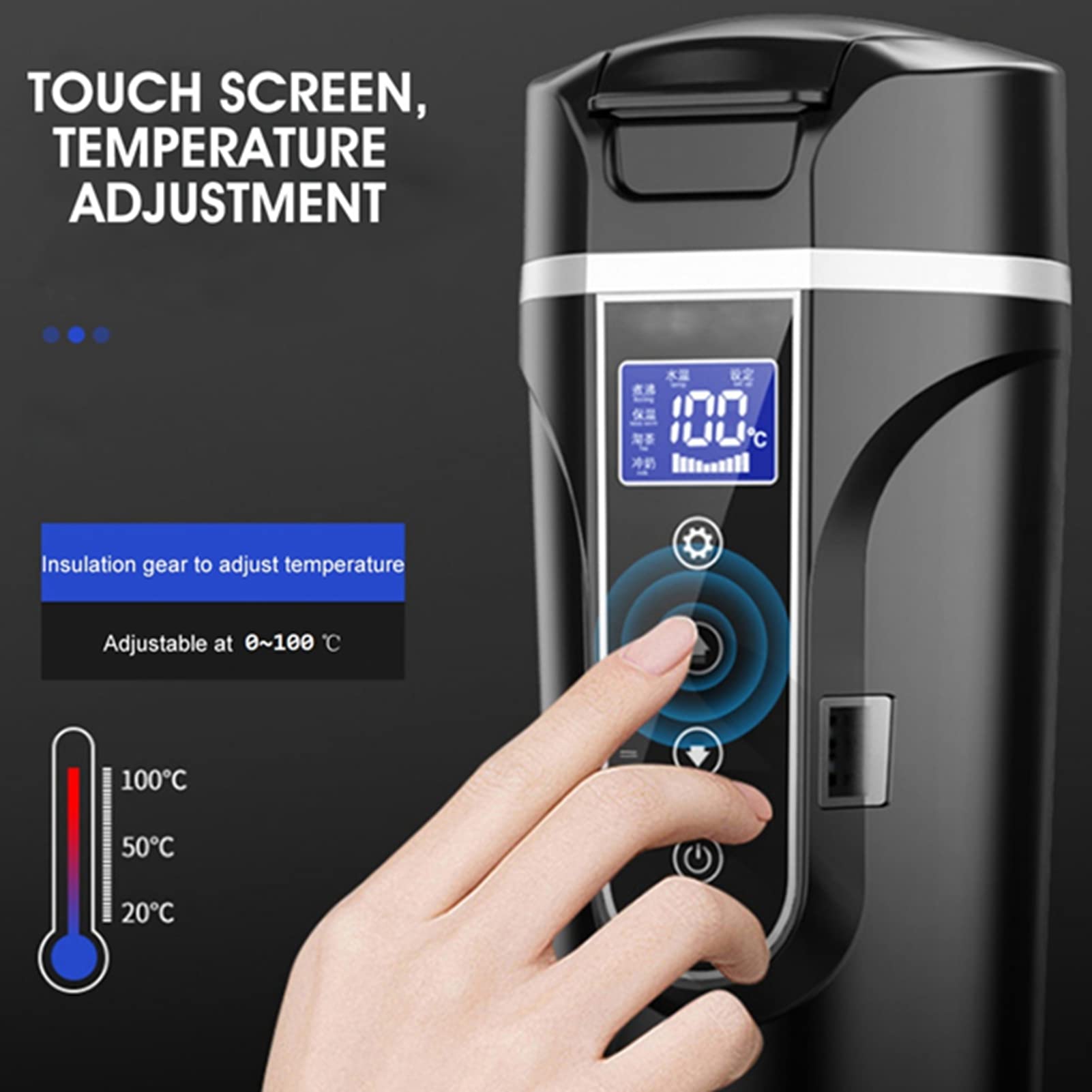 Yctze Kubek do Podgrzewania Samochodu - Kubek na wodę ze Stali Nierdzewnej 500 Ml z Inteligentnym Wyświetlaczem Temperatury LCD, Szybkie Nagrzewanie 12 V/24 V ze szczoteczką - Akcesoria Samochodowe