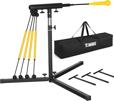 Tomaki Baseball Swing Trainer with 4 Power Bands, Adjustable Hitting Trainer for Kids & Adults, Baseball Training Equipment with 3 Ground Stakes and Carry Bag, Improve Batting Skills, Swing Power