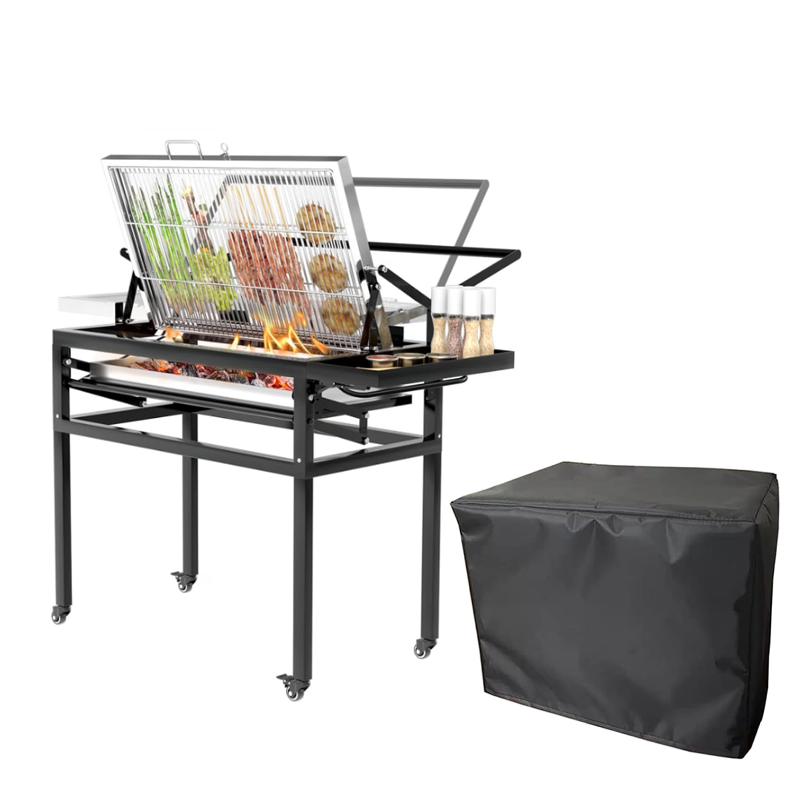 Barbecue à charbon de bois avec chariot, grille de cuisson portable démontable carrée résistante en plein air, grille de cuisson rotative à 360 degrés avec roues pour camping, jardin, barbecue