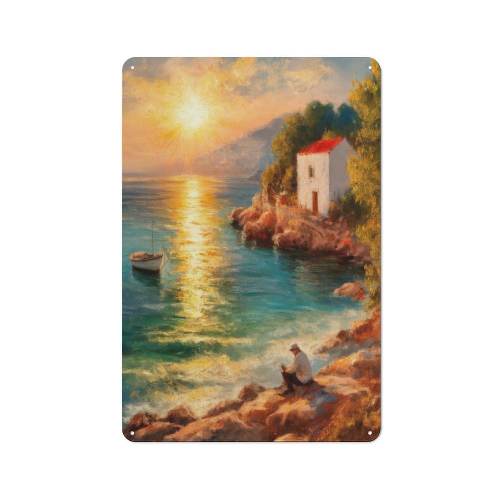 Junmoney Coastal Scene At Sunset Metal Plaque 30X20cm With For Workshop Wall, Retro Decor, For Garage, Workshop And Man Cave Decoration