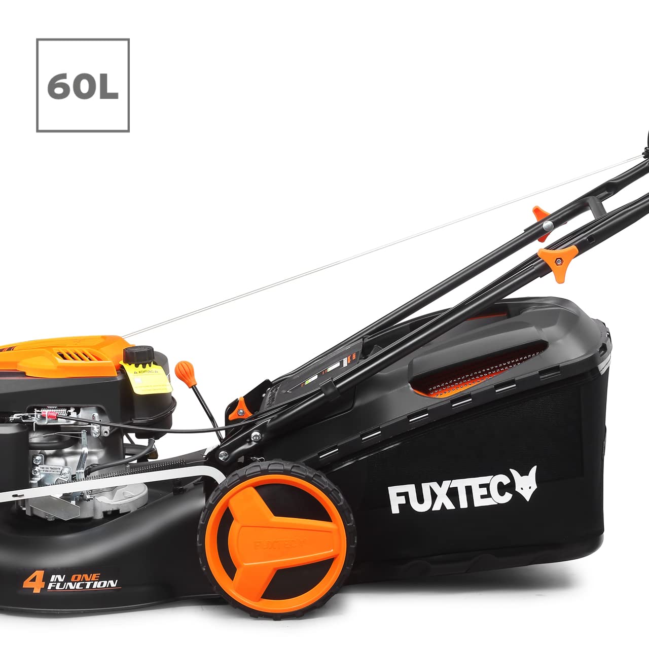 FUXTEC 4in1 Benzin Rasenmäher FX-RM5196 • 6 PS • 196 CCM 4-Takt Motor • Rasenmäher mit Antrieb & 51 cm Schnittbreite • Mulchmäher mit Seitenauswurf • 60L Fangkorb • EasyClean