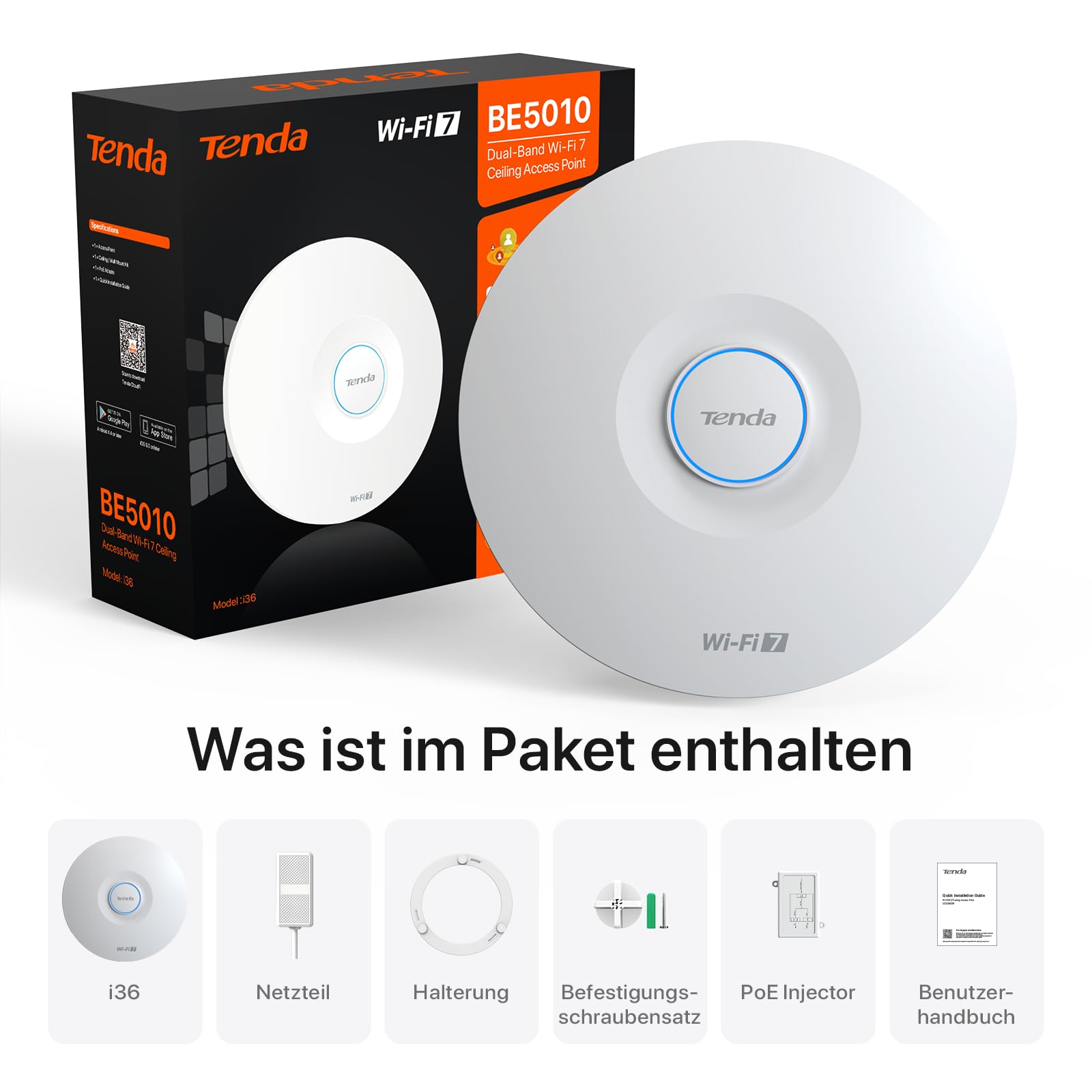 Tenda i36 BE5010 WiFi 7 Access Point mit 2 Ports (1x 2.5G PoE+ Port & 1x Gigabit-Port, 802.11be Dualband, WPA3 Sicherheit, Mehrere SSIDs, App-/Cloud- oder Lokale Verwaltung, inkl. Netzteil)