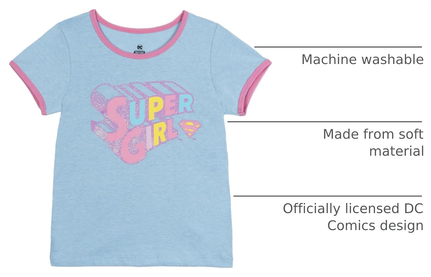 DC Comics Justice League Girls' Glitter Graphic T-Shirt Toddler to Big Kid