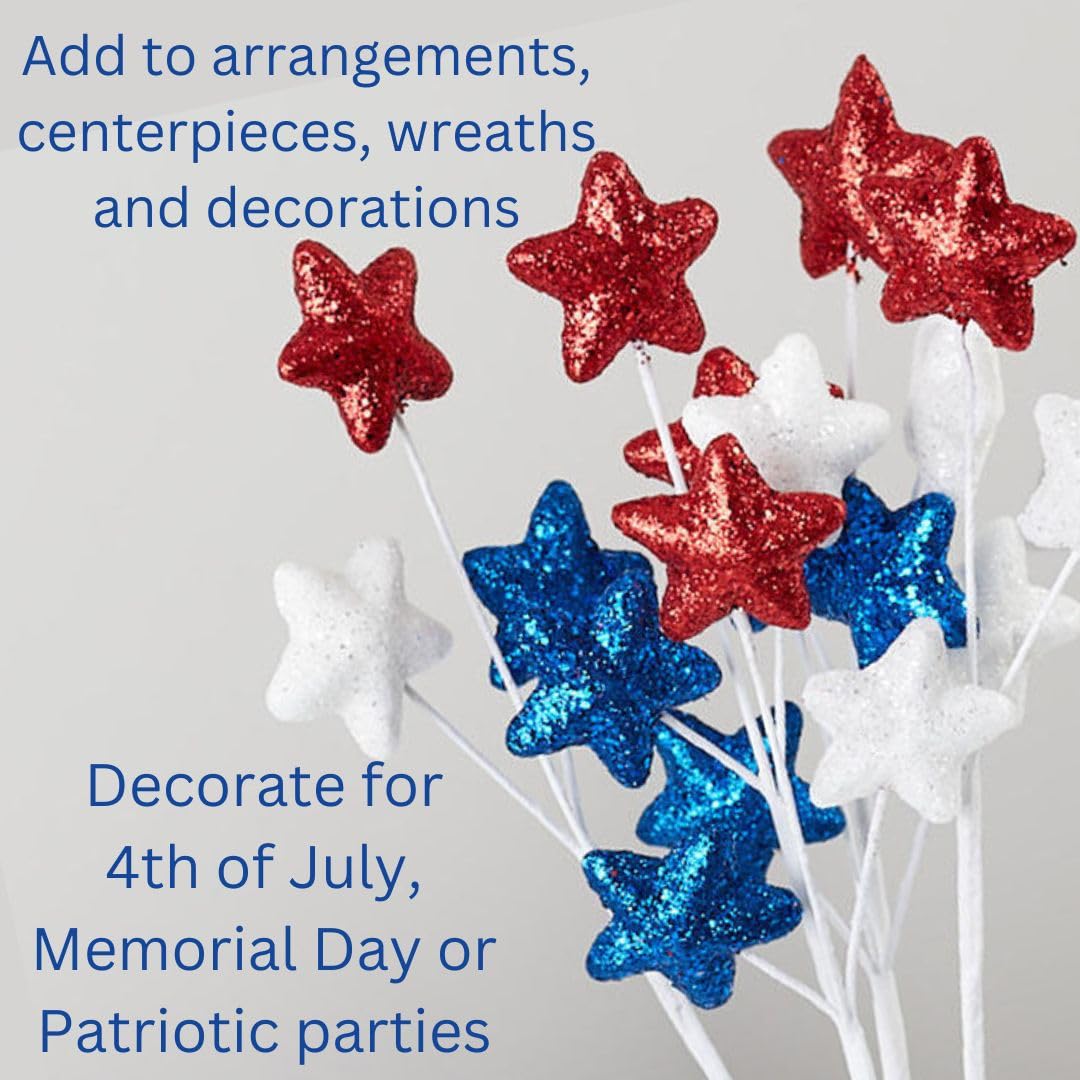 Pack of 6 Americana Glitter Star Picks - Sparkly Red, White and Blue Star Stems for 4th of July, Memorial Day, Patriotic, Flower Arrangements, Centerpieces, Wreaths, and Decorations (19