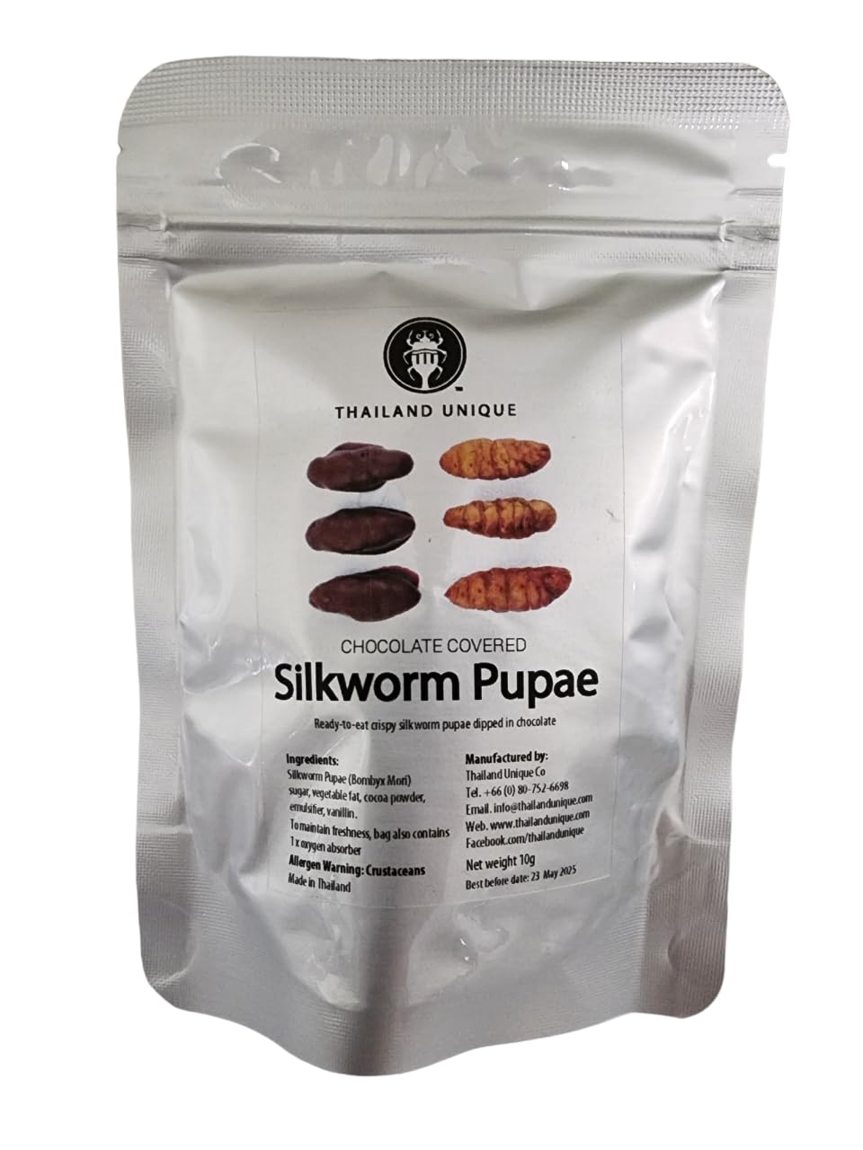 Thailand Unique Chocolate Covered Silkworm Pupae - 10 Gram Bag of Dehydrated Edible Insects for Humans, Nutritious Bugs Superfood Weird Unusual Snack Gift
