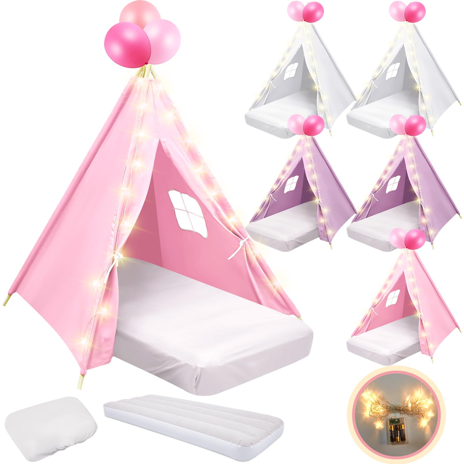 6 Pack Sleepovers Teepee Tent for Kids Bulk with Mattress Sheet Light,Natural Cotton Washable Indoor Play Tent for Birthday Slumber Party Girls Boys Pajama Movie Night Supplies(Pink, Purple, White)