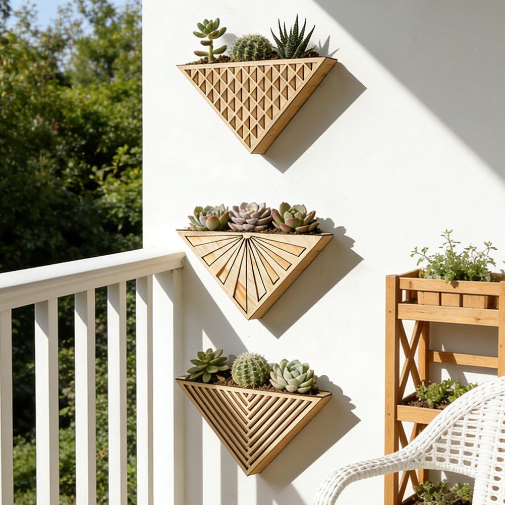 Lot De 3 Jardinières Triangulaires Murales en Bois – Pots De Fleurs Suspendus pour Jardin Vertical avec 3 Motifs Sculptés Uniques pour Intérieur Extérieur