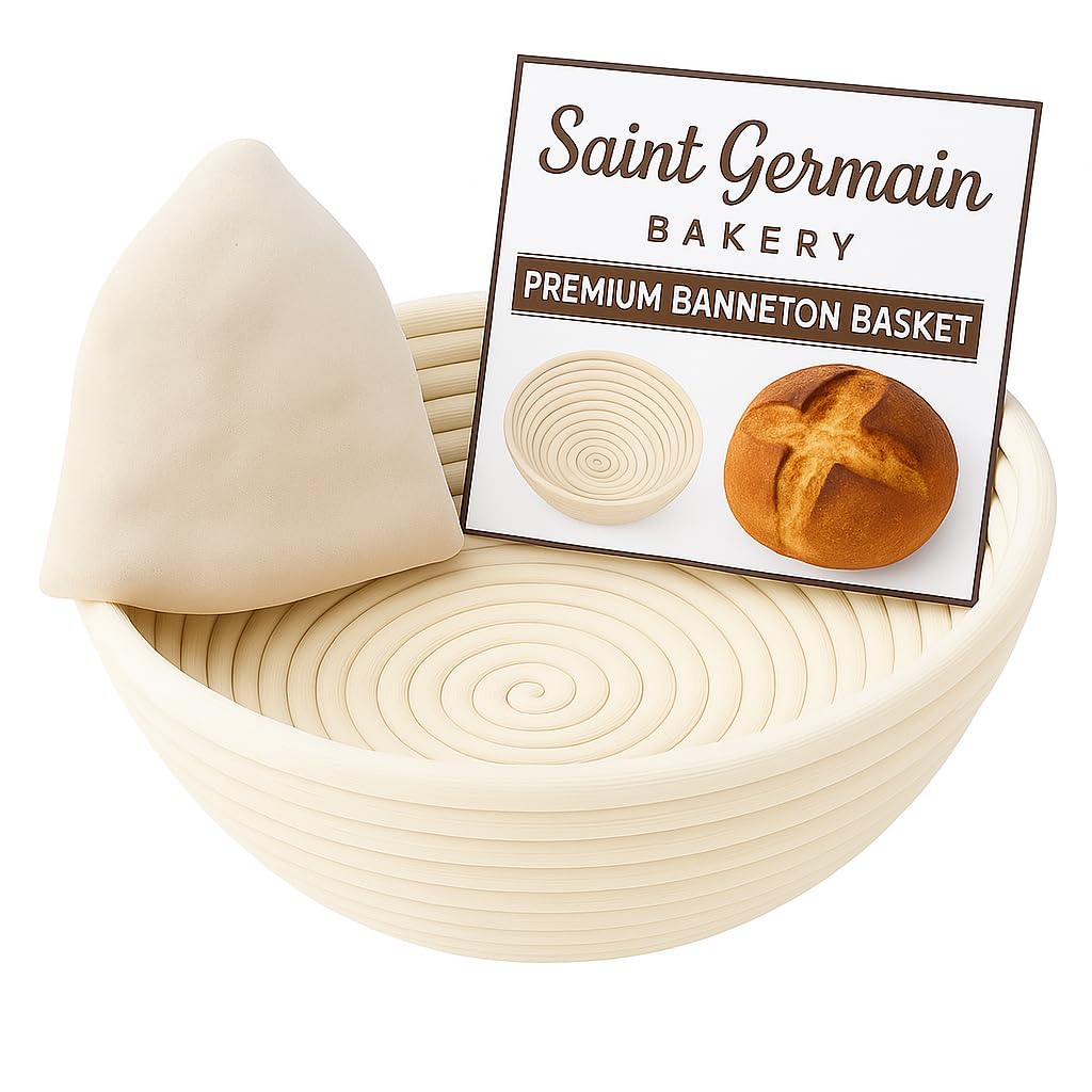 Saint Germain Bakery Premium Round Bread Banneton Basket with Liner - Perfect Brotform Proofing Basket for Making Beautiful Bread (9 inch)