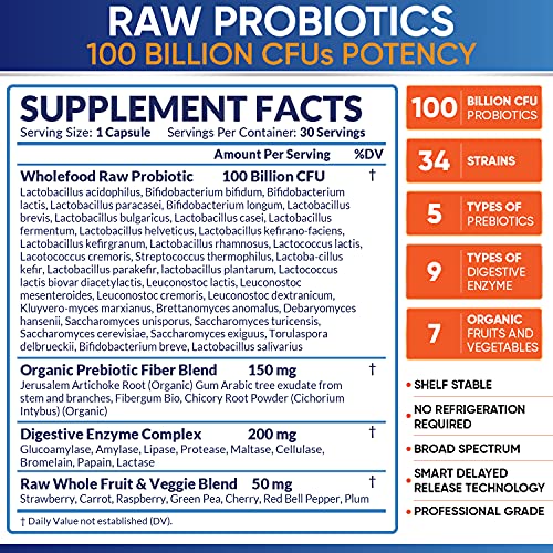 Organic Probiotics 100 Billion CFU, Dr Formulated Probiotics for Women, Probiotics for Men and Adults, Complete Shelf Stable Probiotic Supplement with Prebiotics & Digestive Enzymes; 30 Capsules