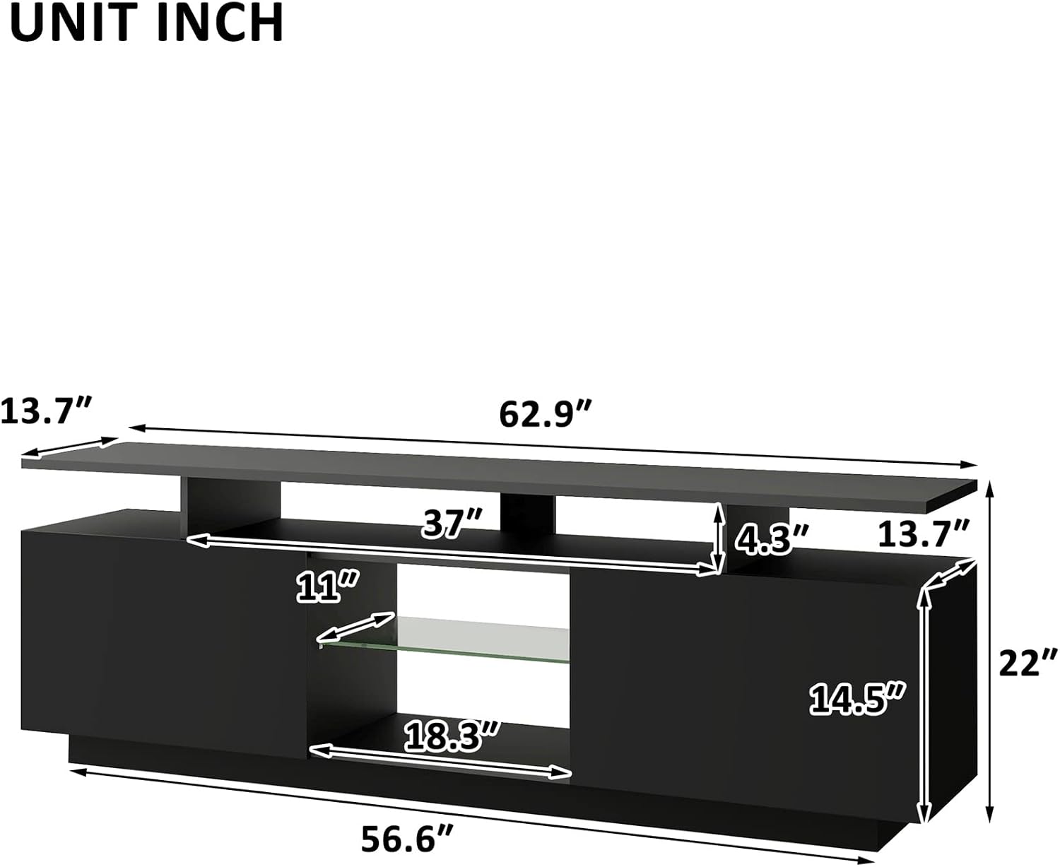 TV Stand with LED Light High Gloss Entertainment Center Modern Media Console Cabinet with Storage Wood TV Console Table for 75 inch TV, 2 Doors 6 Shelves, Black