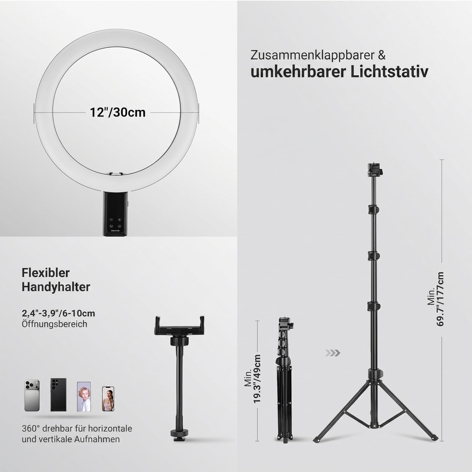 NEEWER 12" Selfie Ringlicht mit App Steuerung/Fernbedienung/Stativ, 3200mAh, zweifarbige LED, CRI 95, 2900K–7000K, Ring Light kreisförmige Leuchte, kompatibel mit iPhone, Vlog, Makeup, Studio, RB12B
