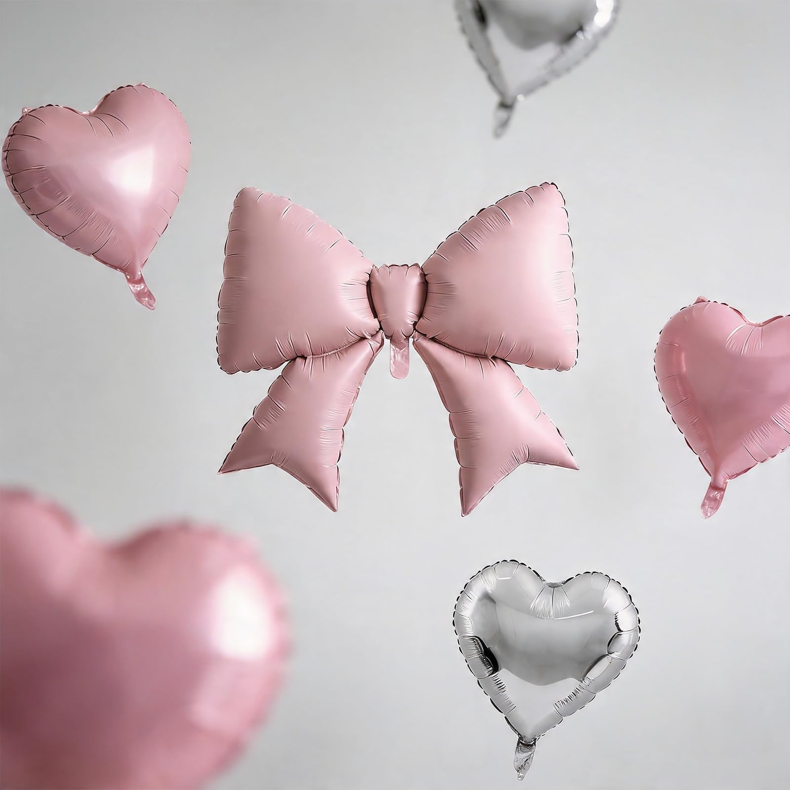 Bow Balloons Large Pink & Silver - Quick Inflate Self Sealing Balloon Set with Heart & Bow Designs - Elegant Party Decor for Birthday, Anniversary, Wedding (6PCS)