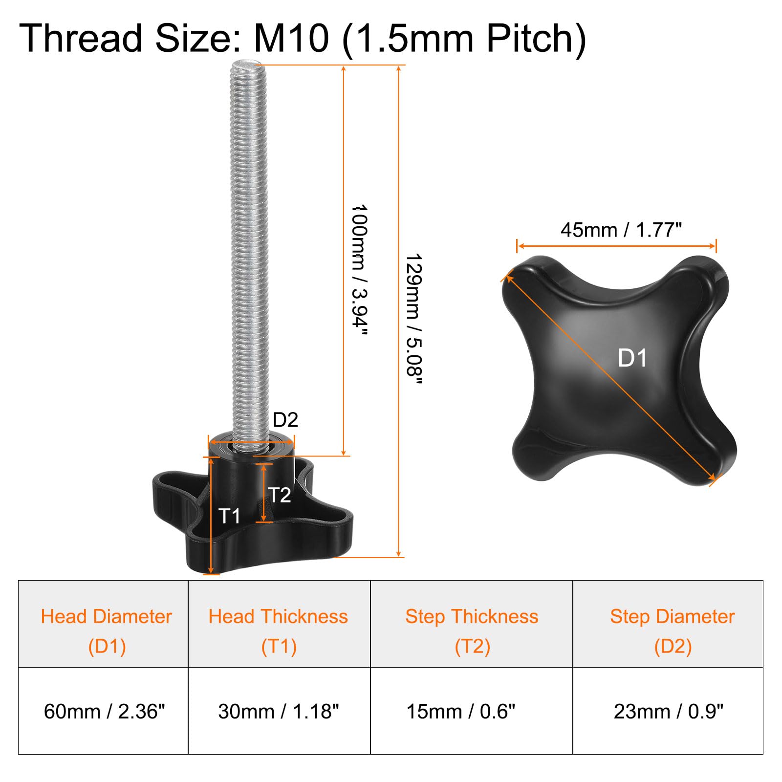 HARFINGTON 5pcs Star Clamping Knobs M10 x 100mm Metric Male Thread 60mm 4-Point Plastic Head Threaded Stud Knob Hand Tightening Thumb Screw Jig Handle, Black