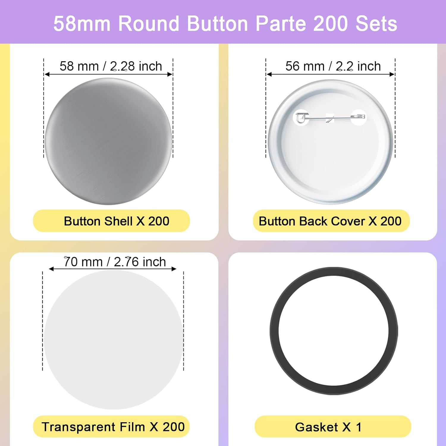 200 Sets 2.25 inch / 58mm Button Maker Supplies, Buttons Supplies for Custom Buttons & Badges, Metal Covers, Plastic Backs& Clear Film for Button Maker Machine, Badge Button Press