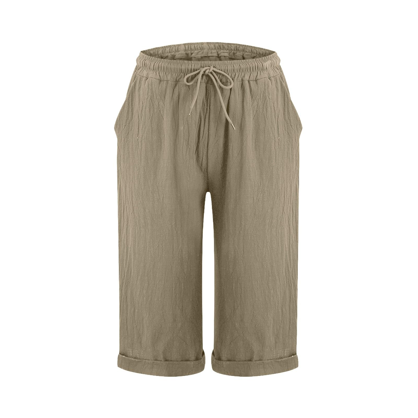 Pantaloni in Lino Donna 3/4 Curvy Pantaloncini Donna Estivi Cotone e Lino Leggeri Vita Alta con Coulisse ed Elastico Shorts Bermuda Larghi Eleganti Casual con Tasche per Spiaggia Sport e Tempo Libero