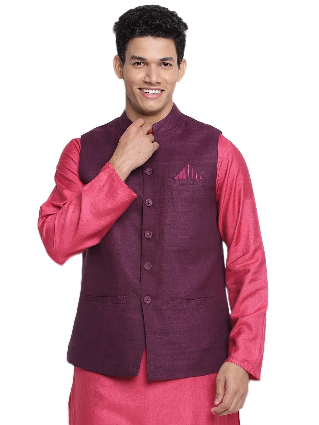 fabindia Men Silk Woven Nehru Jacket Purple-picture-12