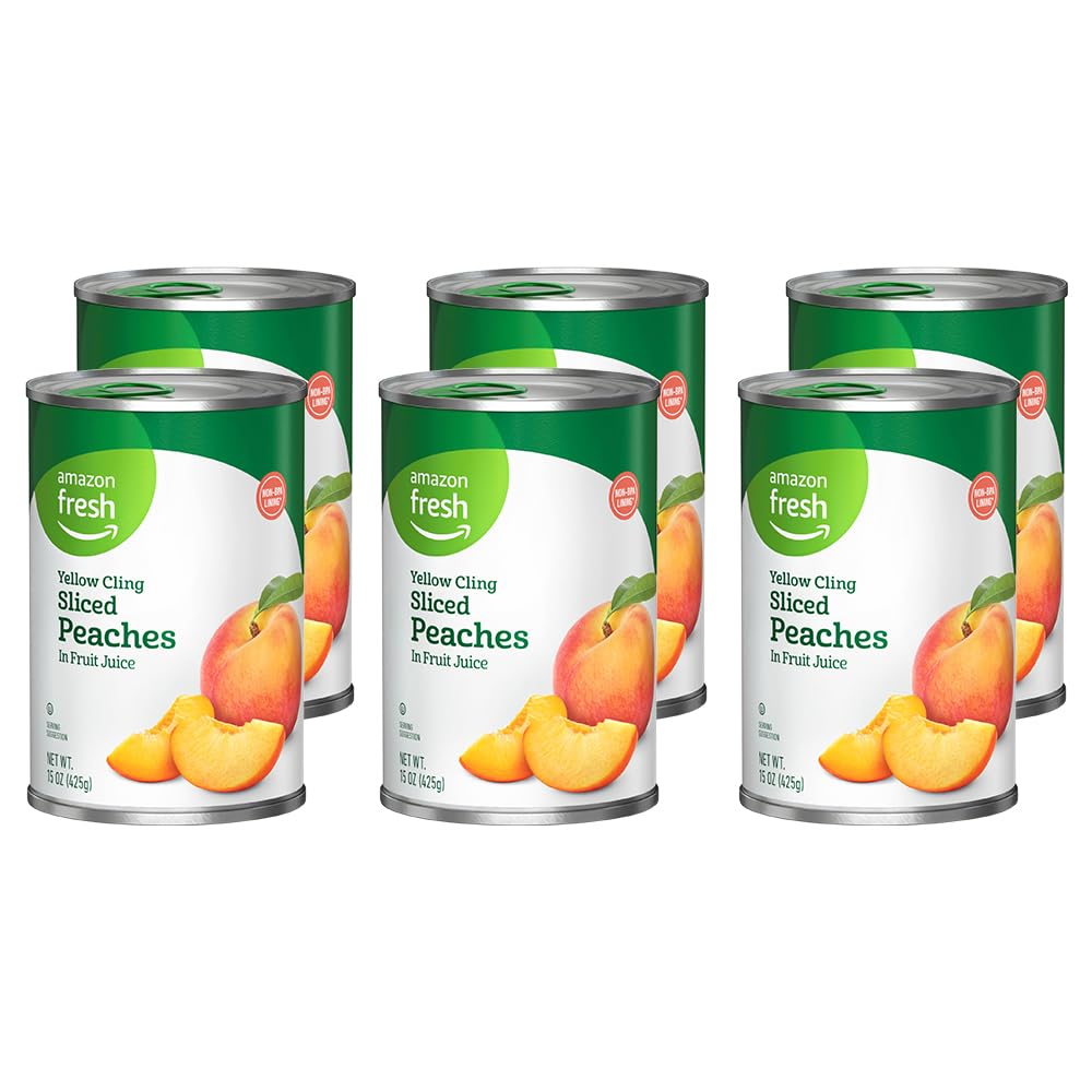 Amazon Fresh, Yellow Cling Sliced Peaches in Fruit Juice, 15 Oz (Previously Happy Belly, Packaging May Vary) (Pack of 6)