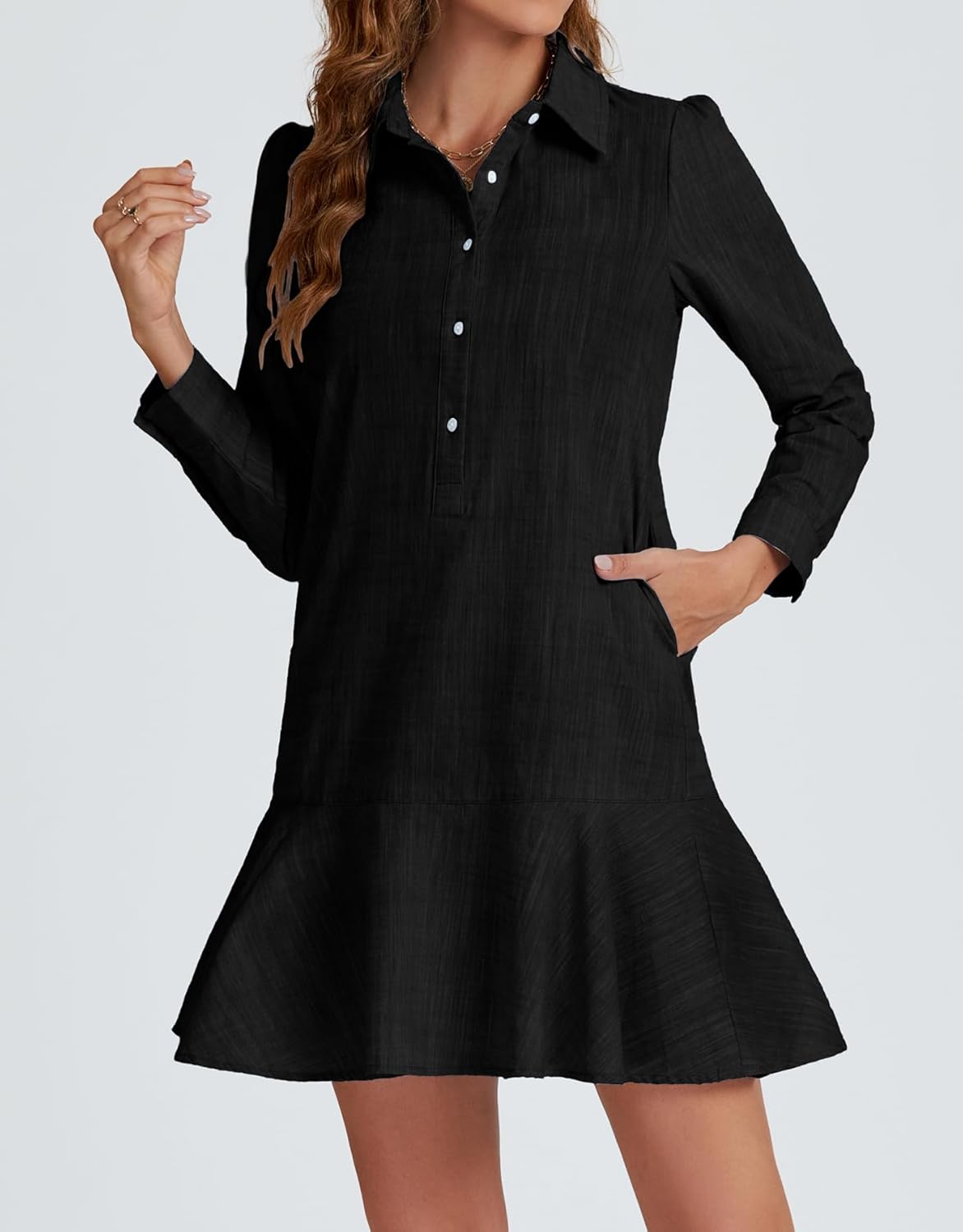 LifeShe Women's Tunic Mini Shirt Dress Cotton Long Sleeve Ruffle Hem Dress Button Up Shift Chambray Dresses - Image 6