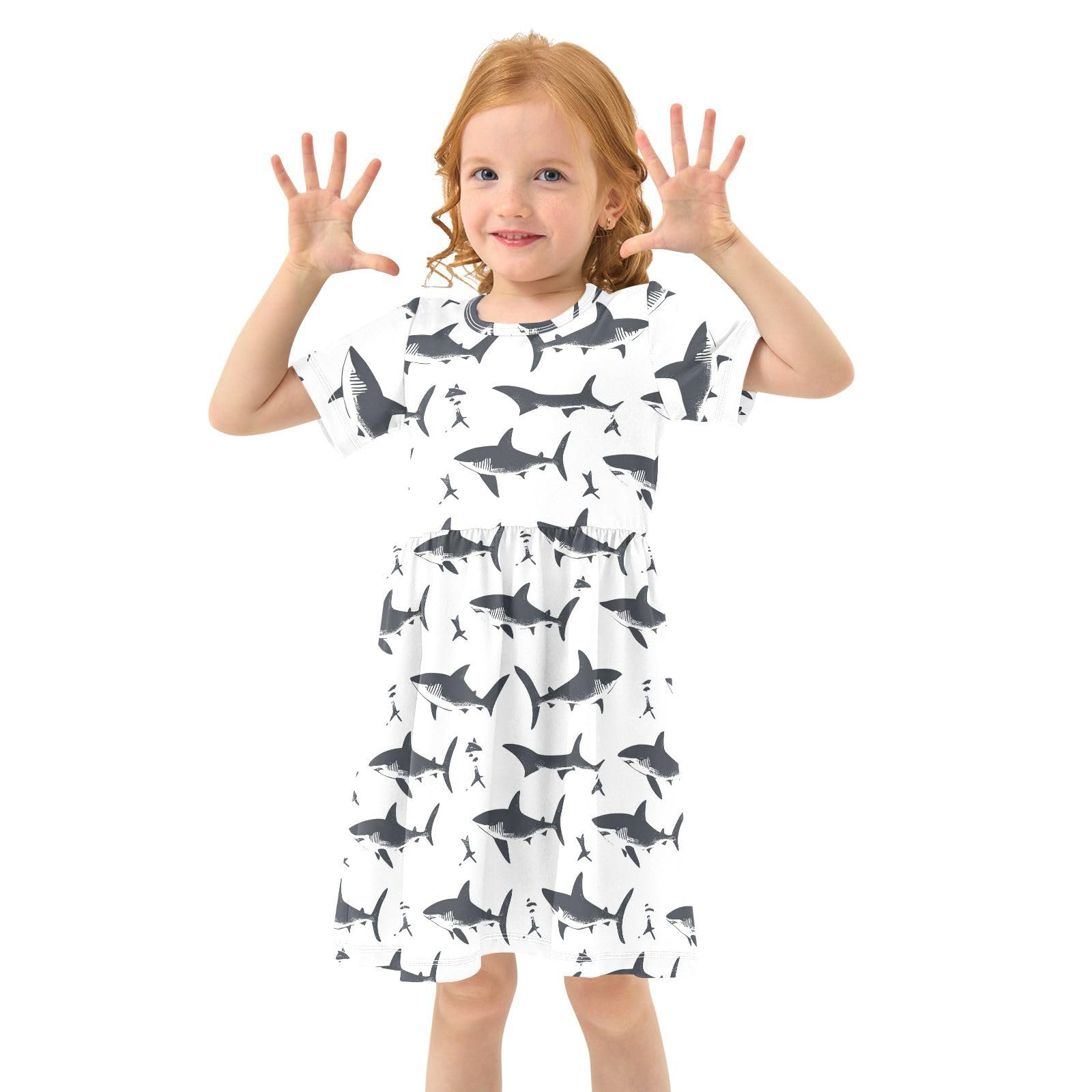 Wusikd Shark Girl Short Sleeve Tank Dress White Crewneck Twirl Swing Dress for Kids 2T
