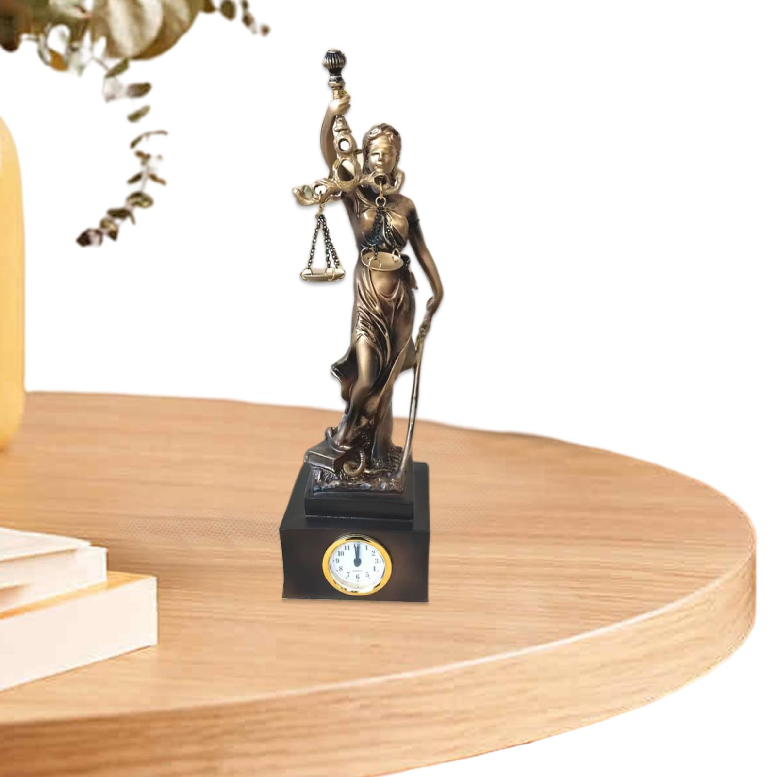 Statue Lady Justice en résine avec horloge intégrée pour décoration de table