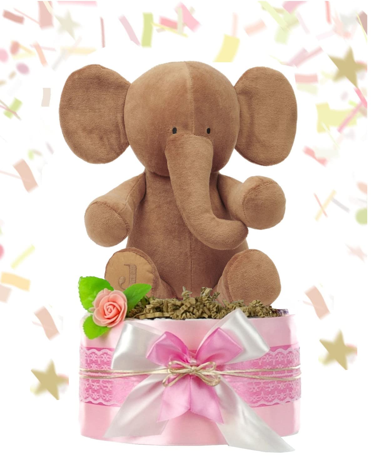 Windeltorte Mädchen LITTLE PEANUT + großes Kuscheltier Elefant mit Name | Geschenk für Mädchen zur Geburt Babyparty Babyshower (rosa) (unbedruckt)